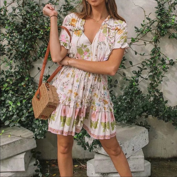 Boho 70s Large Floral Gypsy Print Dress Ruffle - Picture 2 of 14